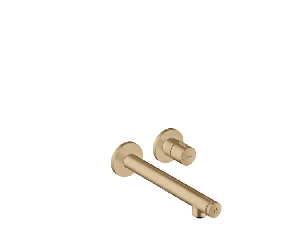 Aufputz-Waschtischmischer mit länglichem Auslauf und zwei Bedienelementen in gebürstetem Bronze-Finish, gefertigt von AXOR.